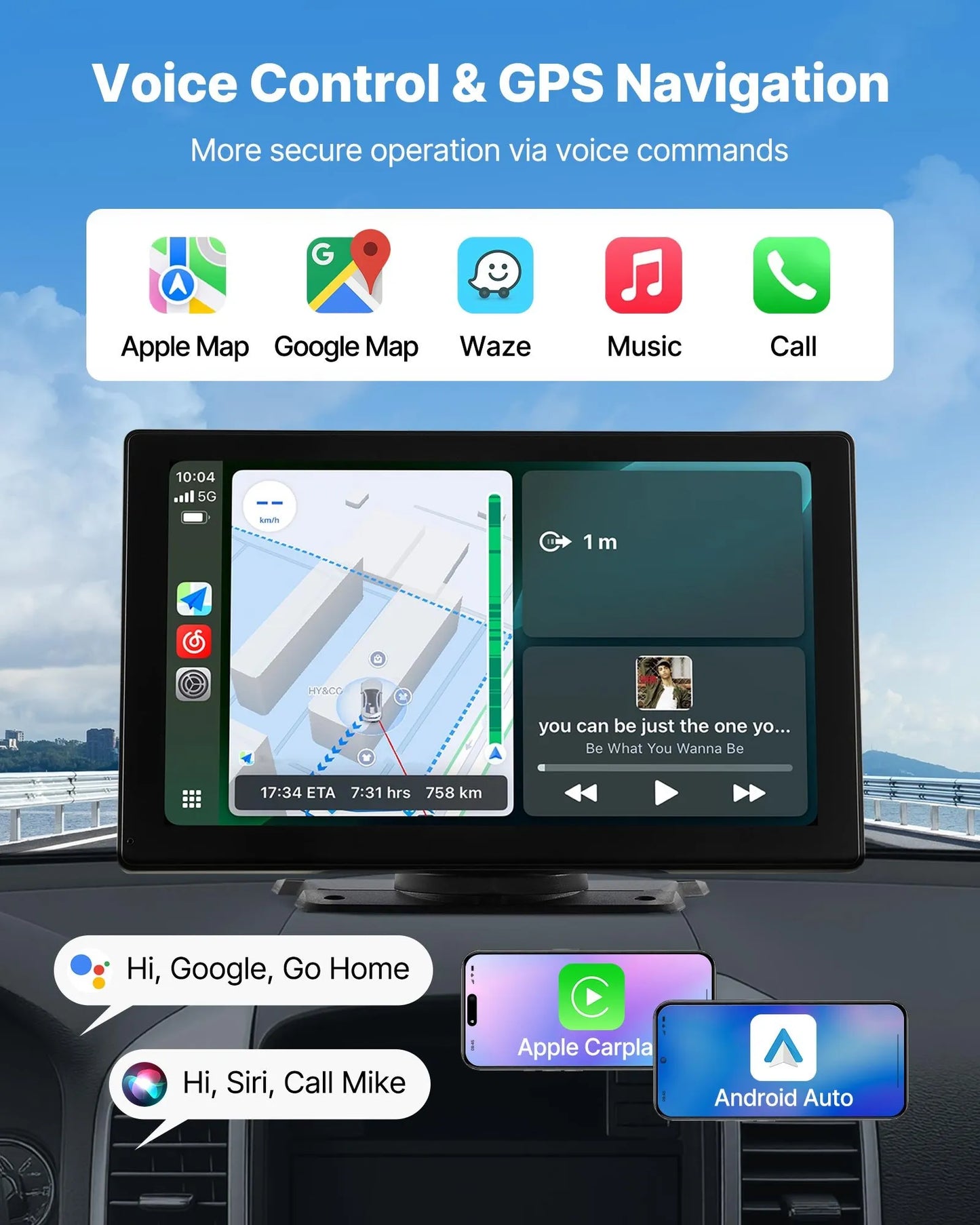 MTech 7" Car Dash Cam with CarPlay, Android Auto, GPS & Backup Camera