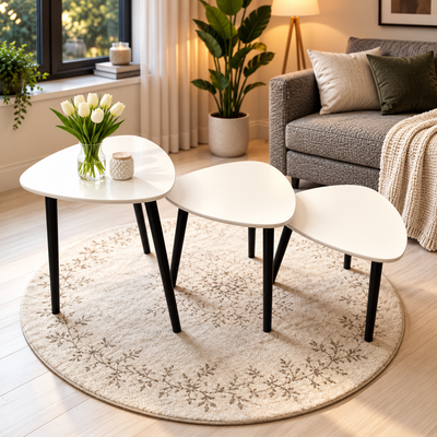 MFurn 3-Piece Nesting Side Table Set – Modern Triangular Coffee & Sofa Tables with Metal Legs