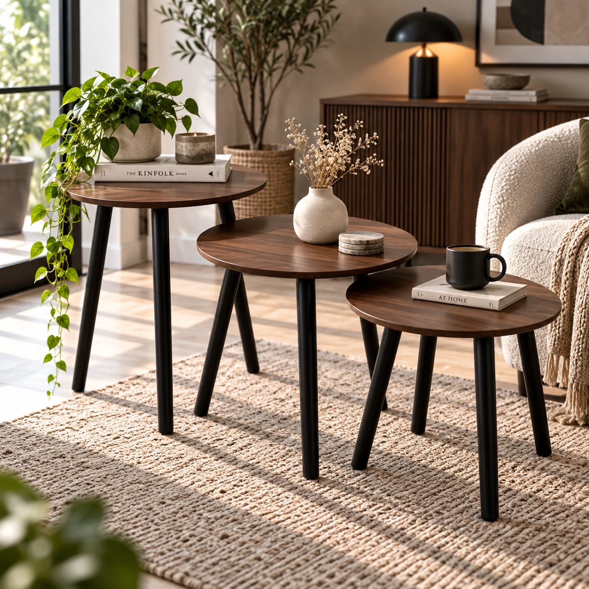MFurn 3-Piece Round Nesting Side Table Set – Modern Round Coffee & Sofa Tables with Metal Legs