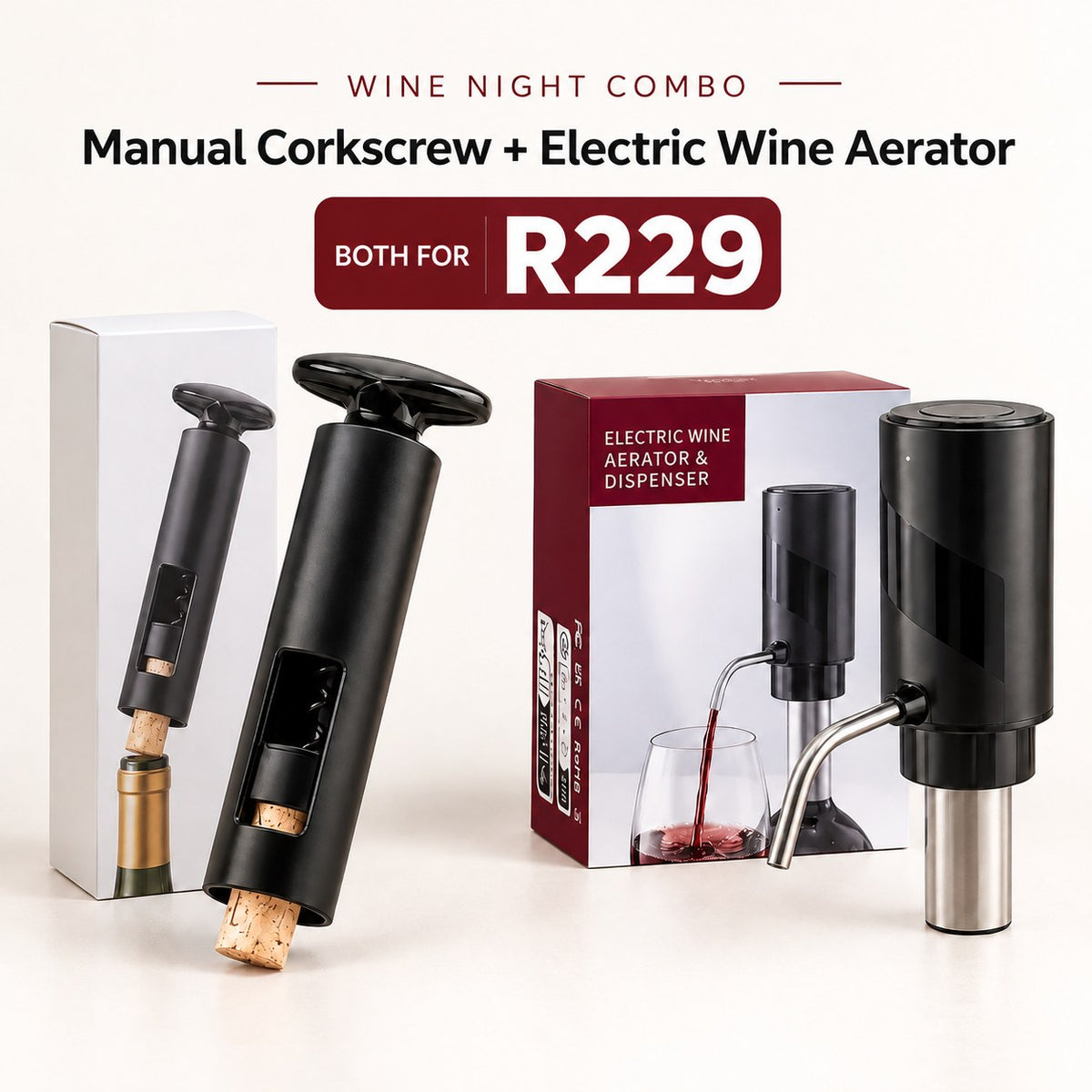 Wine Night Combo: manual corkscrew + electric wine aerator, both for R229
