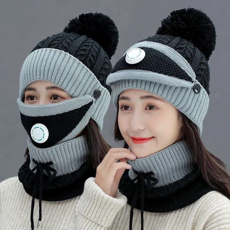 3-in-1 Women’s Girls Knit Beanie Scarf Mask Set – Fleece Lined Winter Hat with Neck Warmer & Face Mask