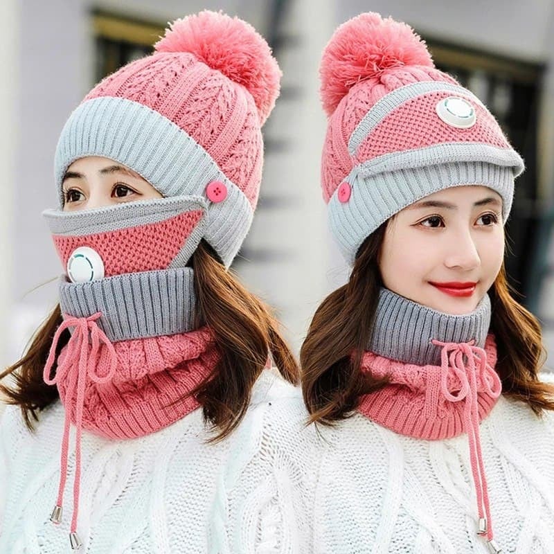 3-in-1 Women’s Girls Knit Beanie Scarf Mask Set – Fleece Lined Winter Hat with Neck Warmer & Face Mask