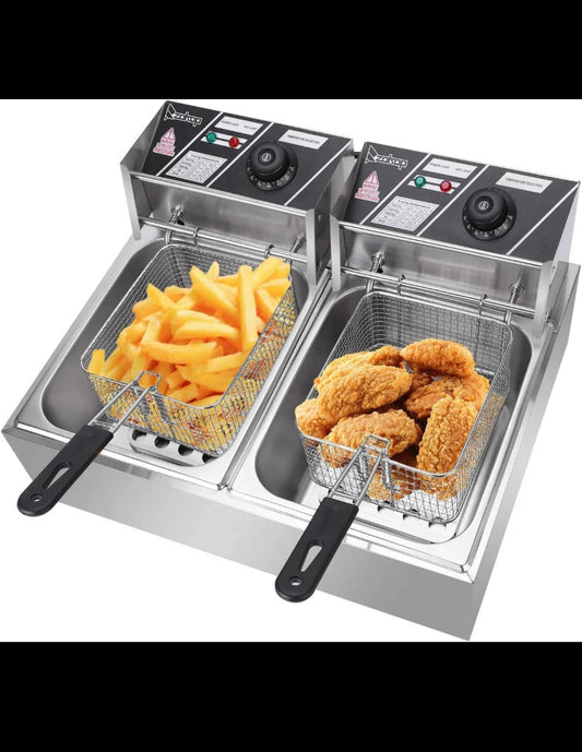12L Double Deep Fryer – Stainless Steel Electric Fat Frying Machine for Chips, Donuts, French Fries