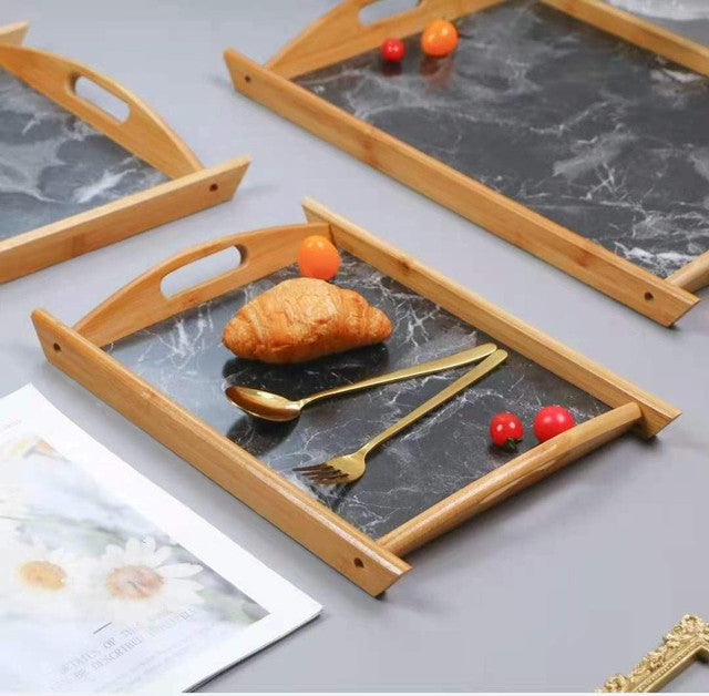 Bamboo Serving Tray With Marble Pattern (Set of 3)