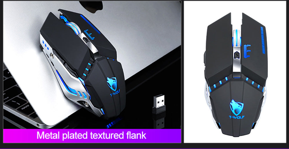 T-wolf Q15 Wireless Gaming Mouse Rechargeable Silent Colorful Light - Black Tech