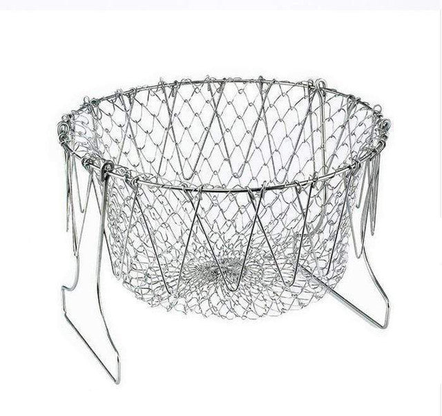 Stainless Steel Foldable Strainer Colander – Multi-Use Cooking Basket for Frying, Boiling, Steaming & Rinsing