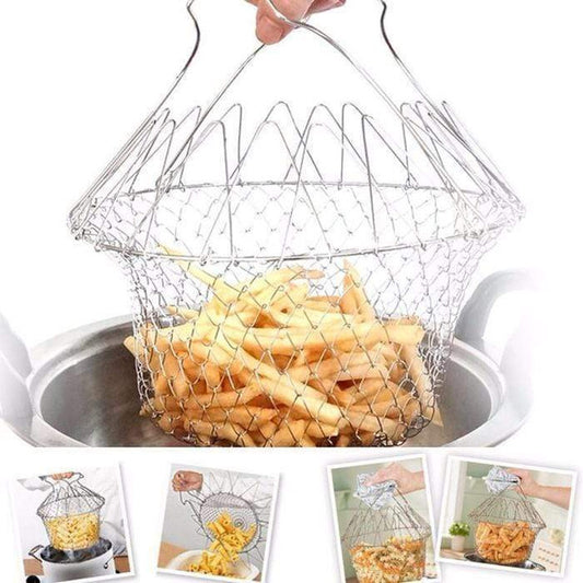Stainless Steel Foldable Strainer Colander – Multi-Use Cooking Basket for Frying, Boiling, Steaming & Rinsing