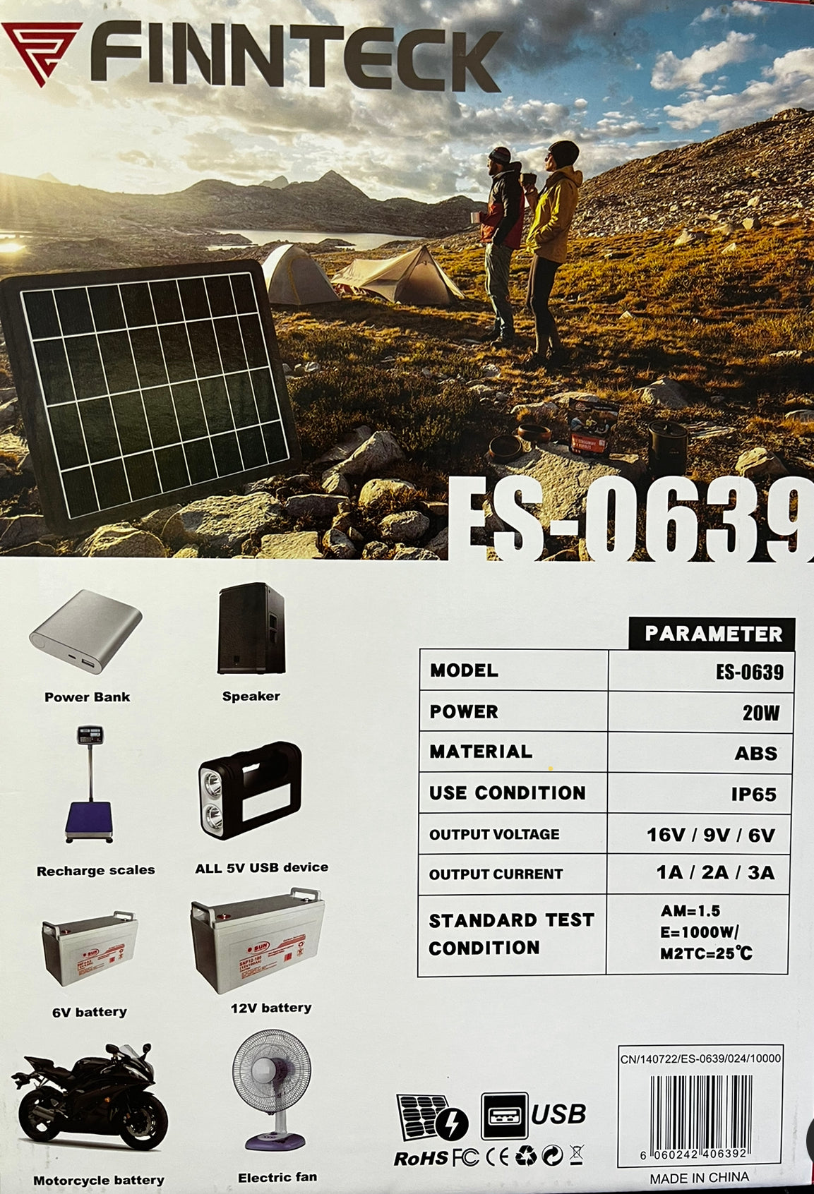 20W Solar Panel Outdoor Charger-5 in 1