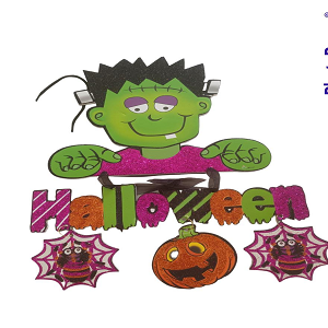Halloween Door Hanging Decoration – Happy Halloween Glitter Frankenstein & Pumpkin Ornament