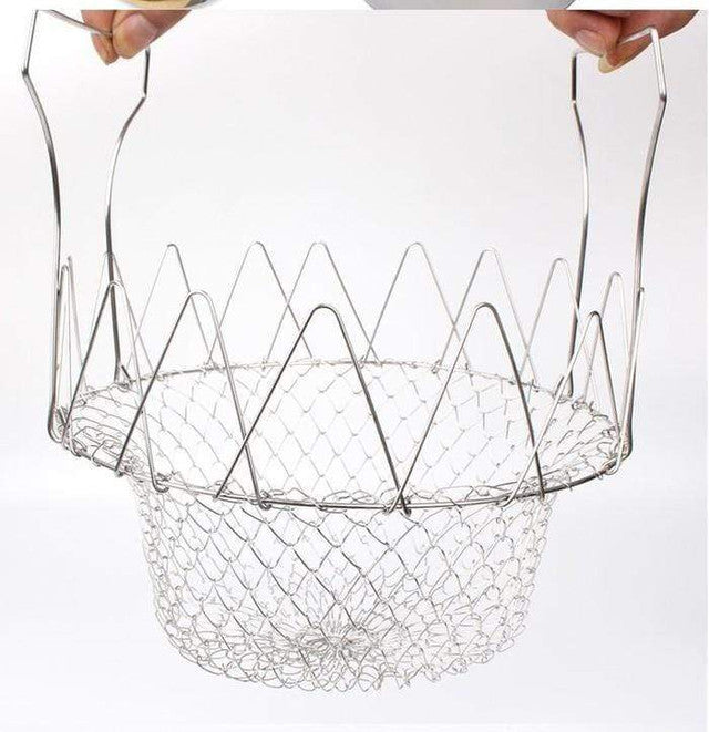 Stainless Steel Foldable Strainer Colander – Multi-Use Cooking Basket for Frying, Boiling, Steaming & Rinsing