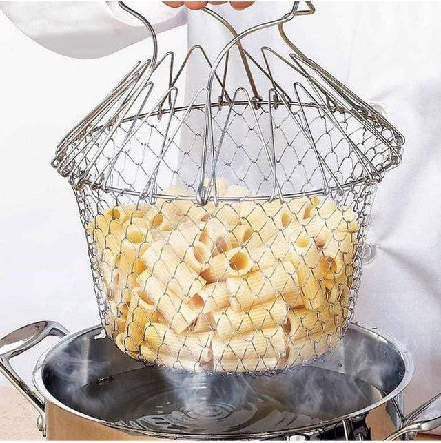 Stainless Steel Foldable Strainer Colander – Multi-Use Cooking Basket for Frying, Boiling, Steaming & Rinsing