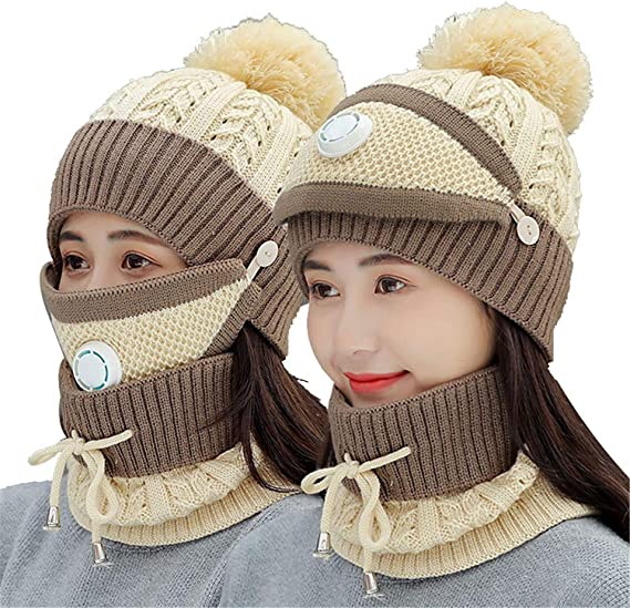 3-in-1 Women’s Girls Knit Beanie Scarf Mask Set – Fleece Lined Winter Hat with Neck Warmer & Face Mask