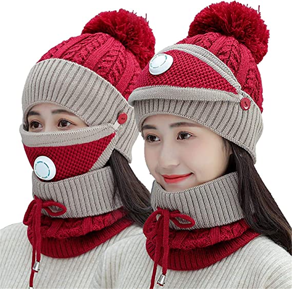 3-in-1 Women’s Girls Knit Beanie Scarf Mask Set – Fleece Lined Winter Hat with Neck Warmer & Face Mask