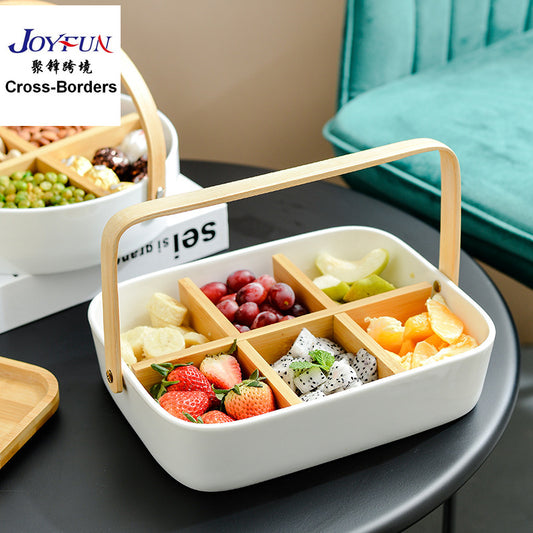 Ceramic Fruit Basket with Lid & Handle – 6-Compartment Nordic Serving Tray Snack Box with Bamboo Dividers & Portable Caddy