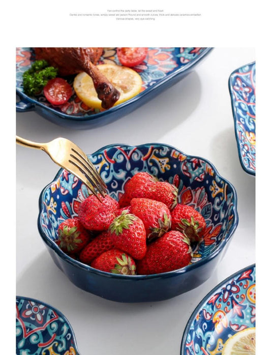 Blue Printed Boheiman Hand Painted Ceramic Fruit Bowl