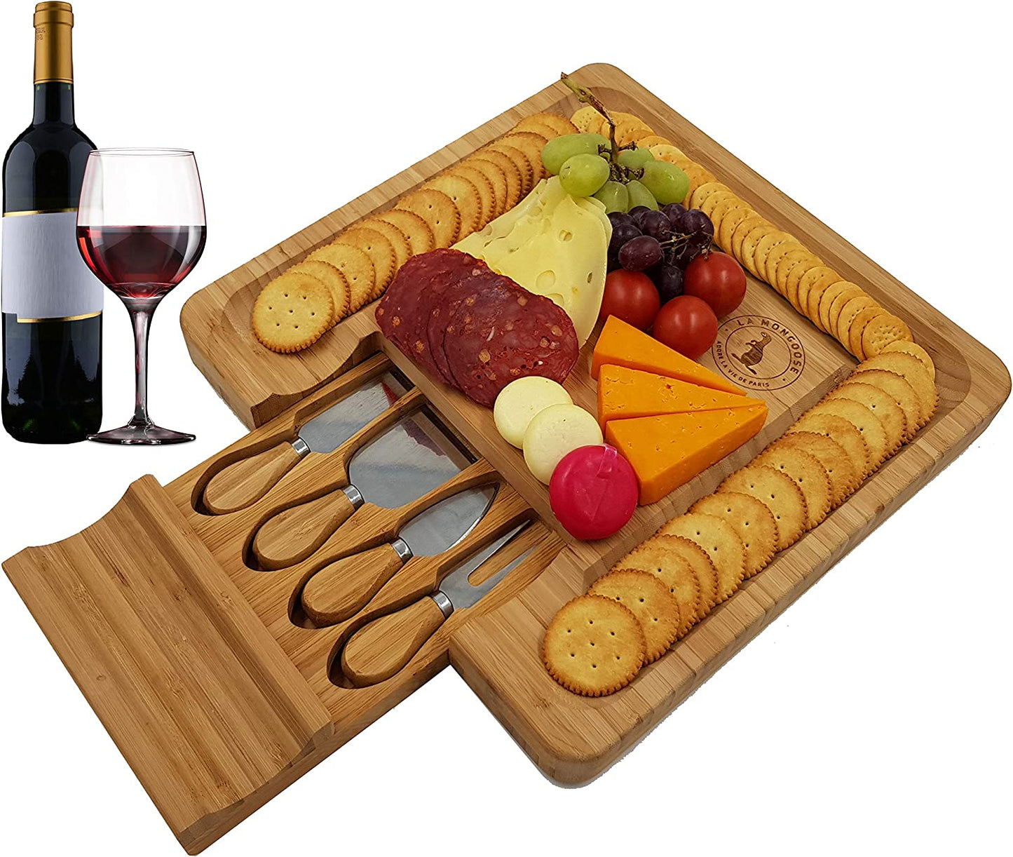Cheese Board & Cutlery Set Hidden Drawer 4 Stainless-Steel Serving Utensils Cracker Groove Large Square Cutting Plate Natural Organic Bamboo Wood Serving Dish Perfect Wedding Birthday Gift Present