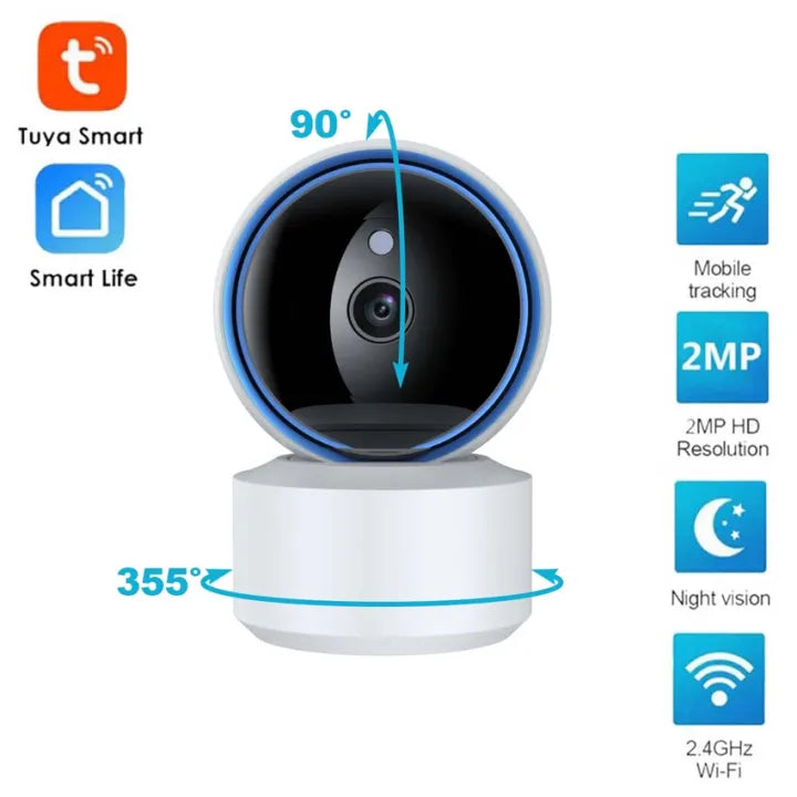 Tuya IP WiFi Auto tracking Camera smart home cctv security Baby Monitor 355 degree rotation full view angle 1080P Resolution night vision 2 way audio