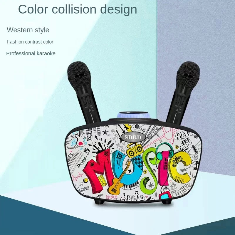 Home Theater Portable Bluetooth Speaker KTV with Dual Wireless Microphones Personalized Graffiti Subwoofer Support TF Card