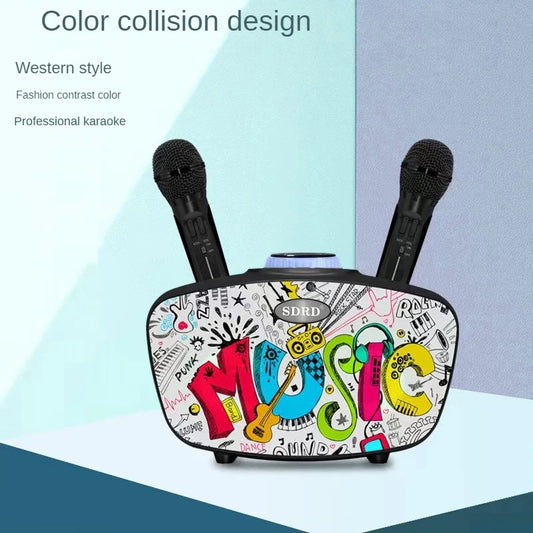 Home Theater Portable Bluetooth Speaker KTV with Dual Wireless Microphones Personalized Graffiti Subwoofer Support TF Card