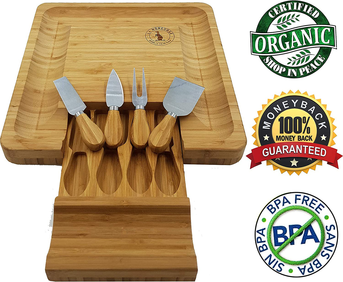 Cheese Board & Cutlery Set Hidden Drawer 4 Stainless-Steel Serving Utensils Cracker Groove Large Square Cutting Plate Natural Organic Bamboo Wood Serving Dish Perfect Wedding Birthday Gift Present