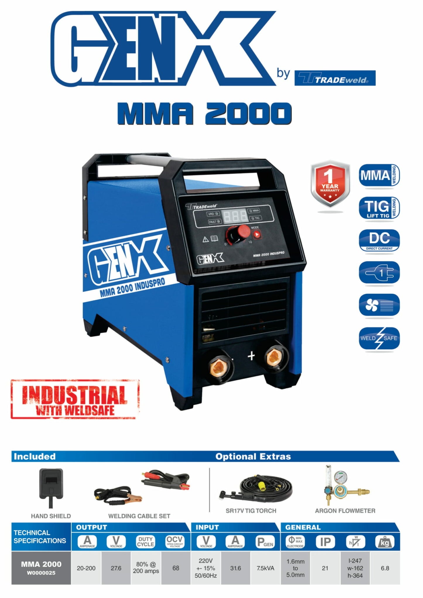 GenX Induspro MMA/TIG Welder 200A-220v