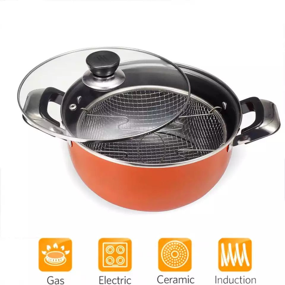 Japanese Deep Frying Pot with Glass Lid Frying Basket 304 Stainless Steel Kitchen Tempura