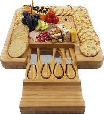 Cheese Board & Cutlery Set Hidden Drawer 4 Stainless-Steel Serving Utensils Cracker Groove Large Square Cutting Plate Natural Organic Bamboo Wood Serving Dish Perfect Wedding Birthday Gift Present