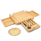 Cheese Board & Cutlery Set Hidden Drawer 4 Stainless-Steel Serving Utensils Cracker Groove Large Square Cutting Plate Natural Organic Bamboo Wood Serving Dish Perfect Wedding Birthday Gift Present