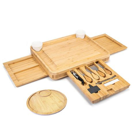 Cheese Board & Cutlery Set Hidden Drawer 4 Stainless-Steel Serving Utensils Cracker Groove Large Square Cutting Plate Natural Organic Bamboo Wood Serving Dish Perfect Wedding Birthday Gift Present