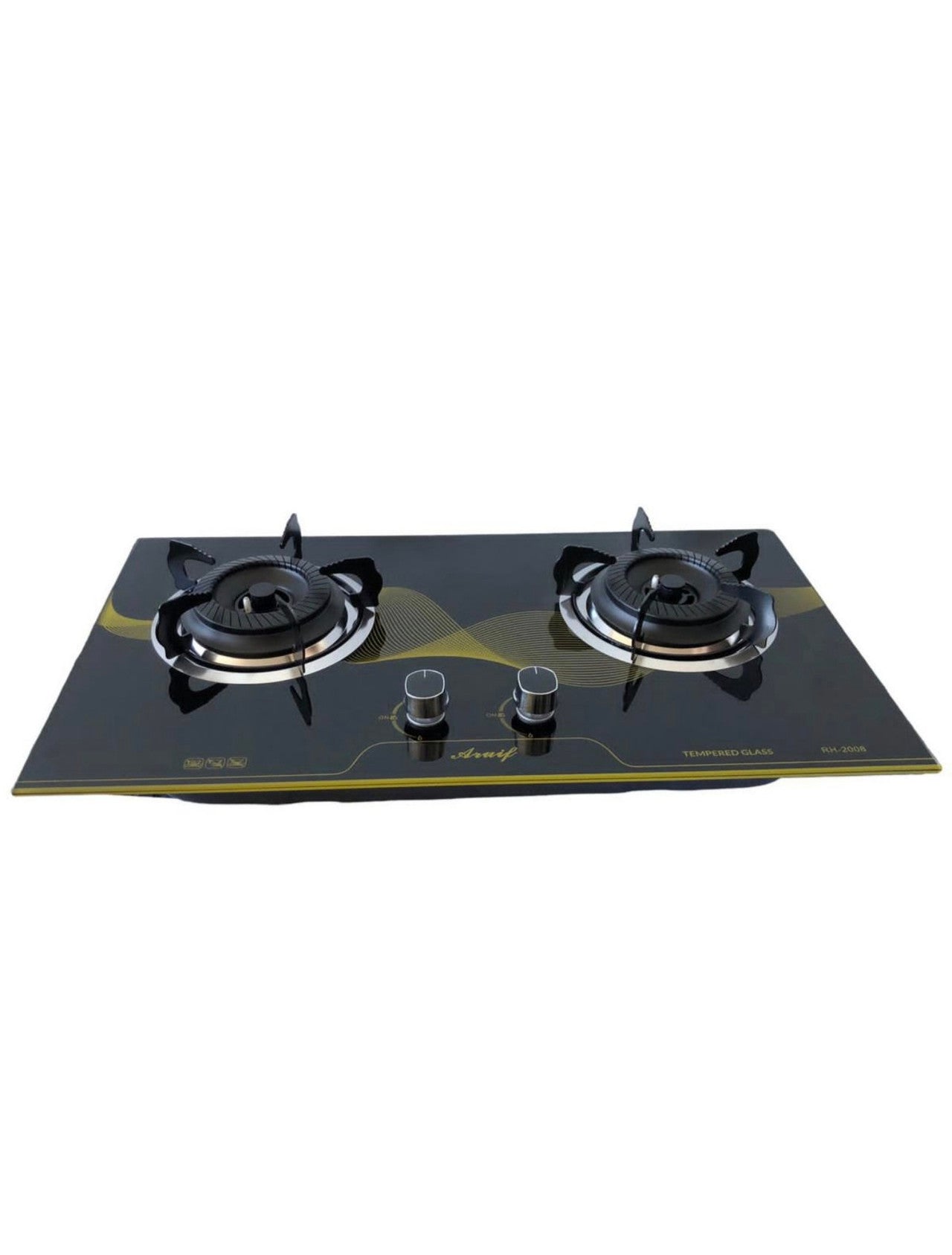 ARUIF Two-Burner Auto-Ignition Tempered Glass Panel Gas Stove + Free Hose, Battery & Regulator Model RH-2008