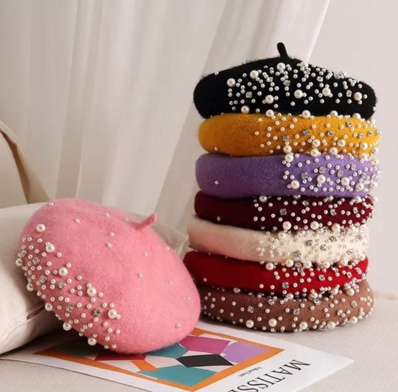 Winter Warm Rhinestone Pearl Beret Beanie Hat Classic French Berets Casual Caps Wool Winter Beanie Caps for Women Girl Hat