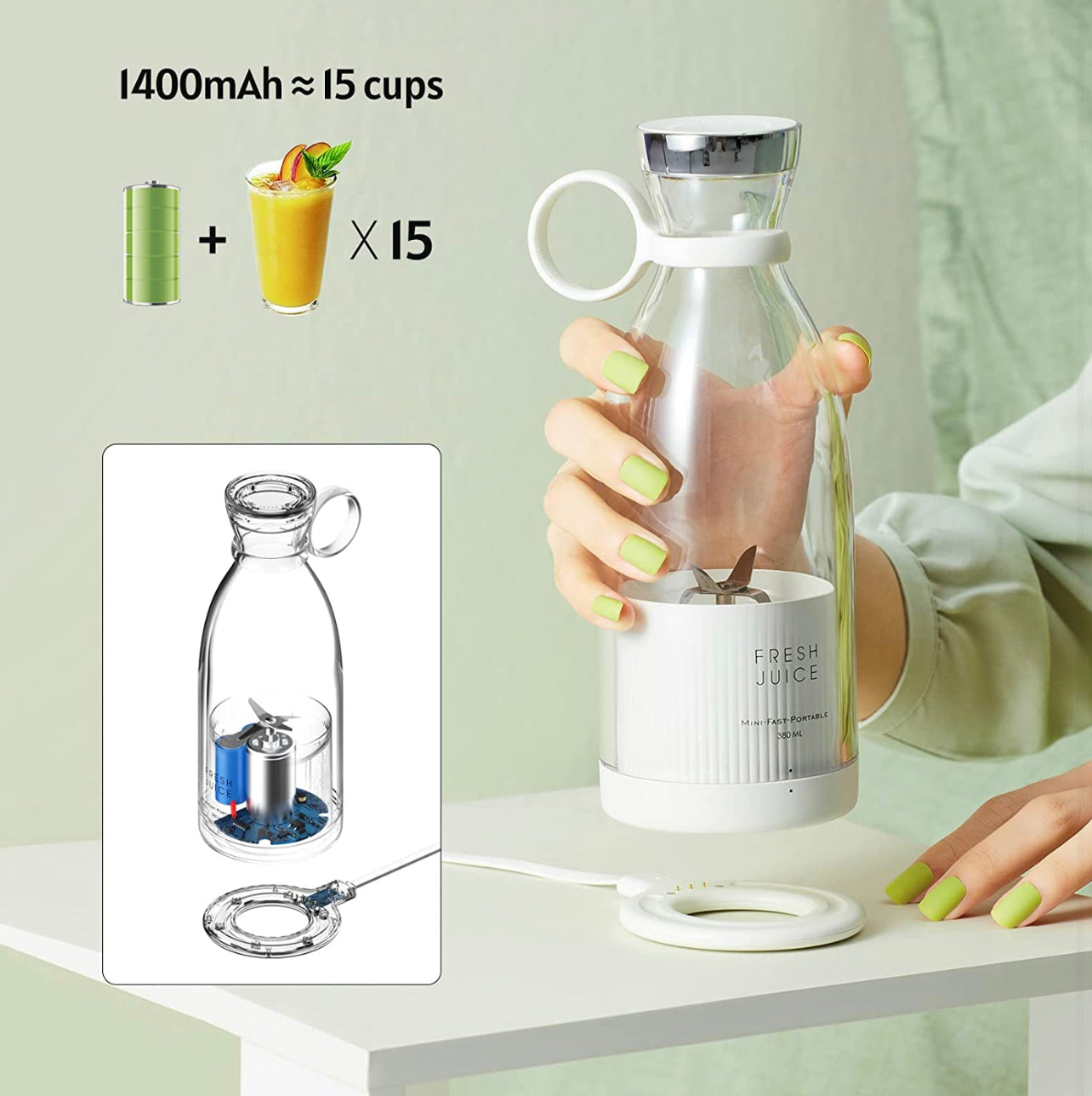 Portable Mini Fast Blender 380ml Juicer Cup with Wireless Charger