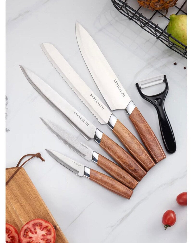 Stainless Steel Kitchen Knife Set Wood Handle 5pc With Wooden Block