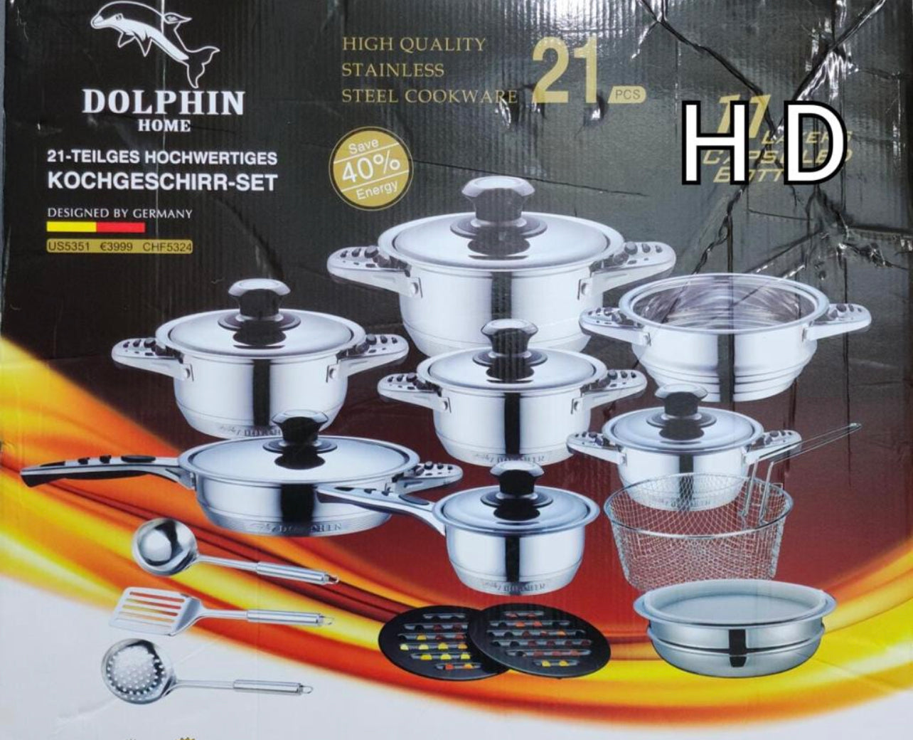 21 Piece High Quality Stainless Steel Dolphin Cookware Set – Megamall ...