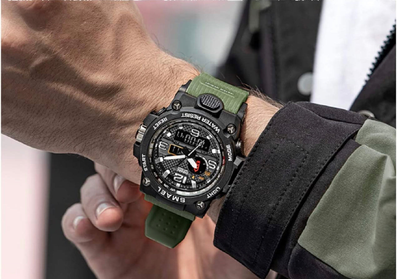 SMAEL Men Millitary GREEN Sport Watch | 50m | Waterproof | Analog & Digital Sport Watch | Multifunction Dual Time Display Casual Male Chronograph Quartz Business Wrist Watch | PU Strap