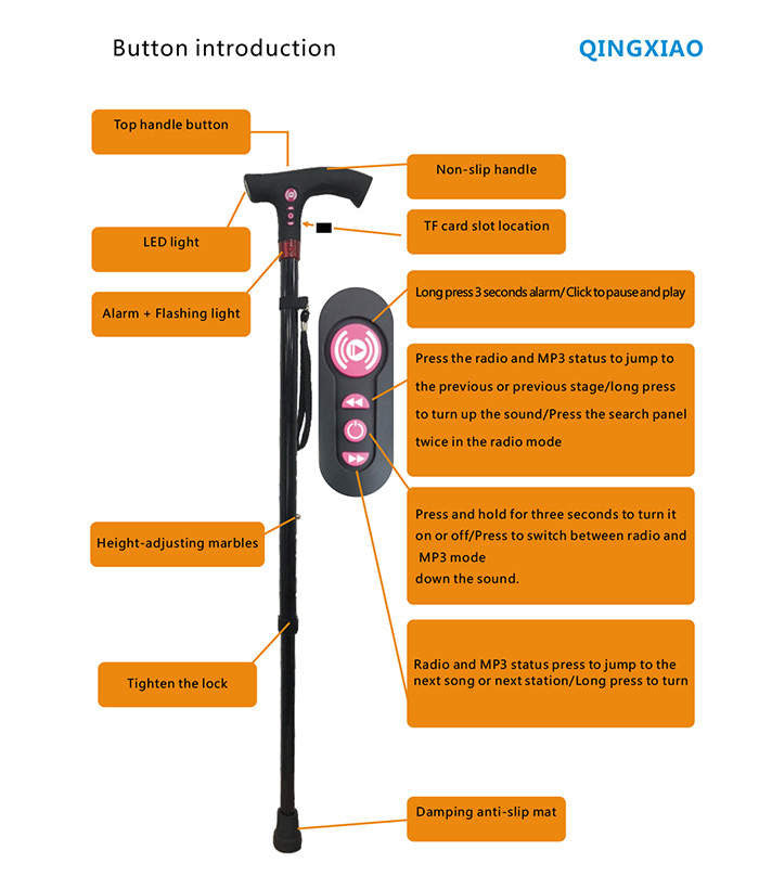 Multifunction Walking Stick- LED,FM Radio,Alarm…
