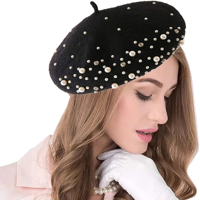 Winter Warm Rhinestone Pearl Beret Beanie Hat Classic French Berets Casual Caps Wool Winter Beanie Caps for Women Girl Hat