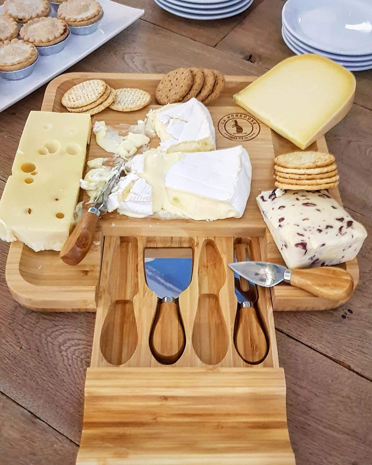 Cheese Board & Cutlery Set Hidden Drawer 4 Stainless-Steel Serving Utensils Cracker Groove Large Square Cutting Plate Natural Organic Bamboo Wood Serving Dish Perfect Wedding Birthday Gift Present