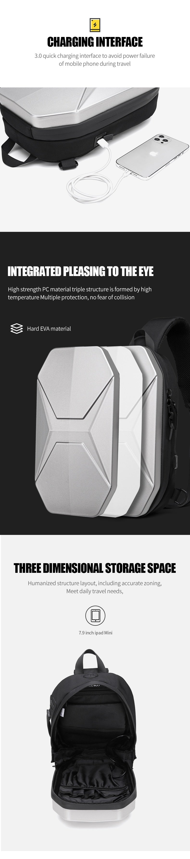 Hard Shell Chest Bag Male Waterproof Shoulder Bags Men Fashion Short Trip Messenger Bag USB Charging Crossbody Bag Teenage