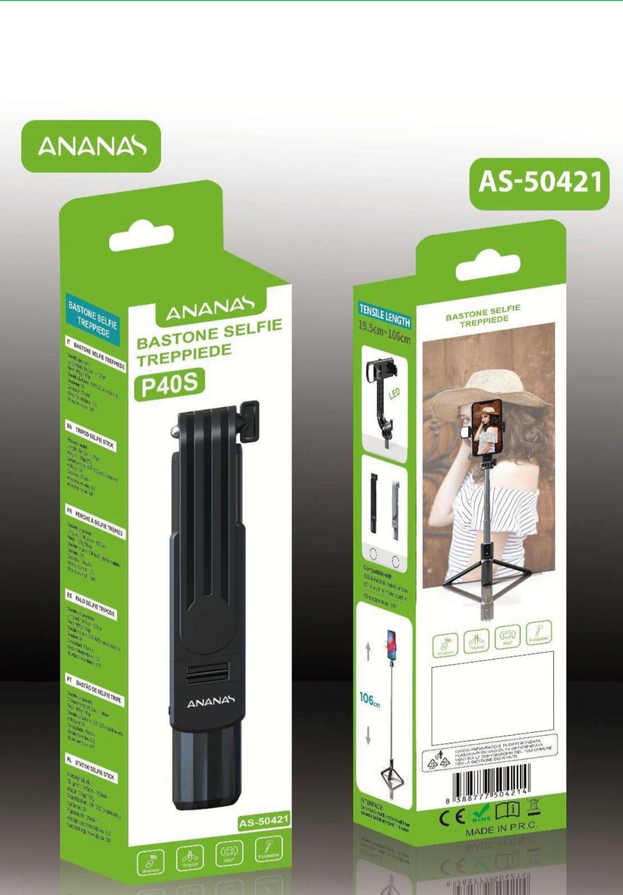 Selfie Stick With LED 3 Colour White Light