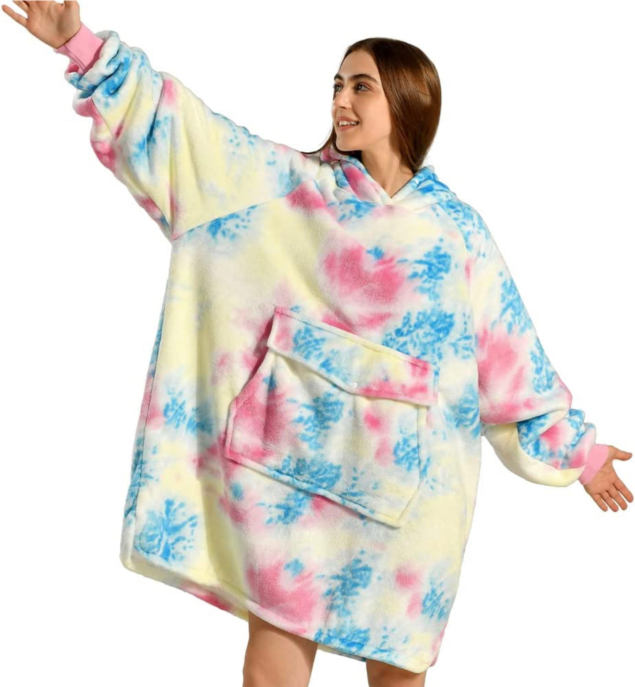 Huggle Kids Multi-Colour Oversized Hoodie Blanket – Sherpa Fleece, One Size, Super Soft & Lightweight