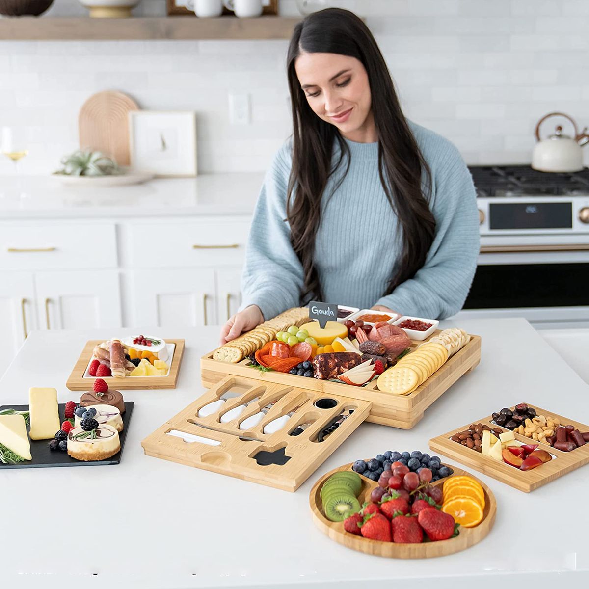 Cheese Board & Cutlery Set Hidden Drawer 4 Stainless-Steel Serving Utensils Cracker Groove Large Square Cutting Plate Natural Organic Bamboo Wood Serving Dish Perfect Wedding Birthday Gift Present