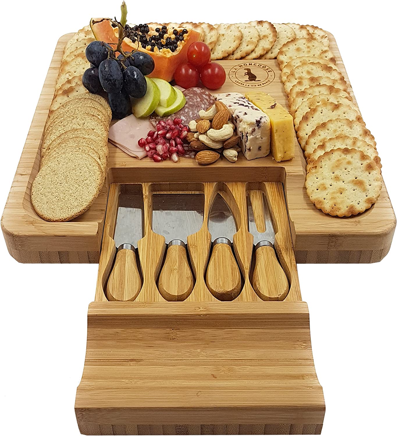 Cheese Board & Cutlery Set Hidden Drawer 4 Stainless-Steel Serving Utensils Cracker Groove Large Square Cutting Plate Natural Organic Bamboo Wood Serving Dish Perfect Wedding Birthday Gift Present