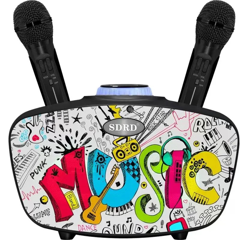 Home Theater Portable Bluetooth Speaker KTV with Dual Wireless Microphones Personalized Graffiti Subwoofer Support TF Card