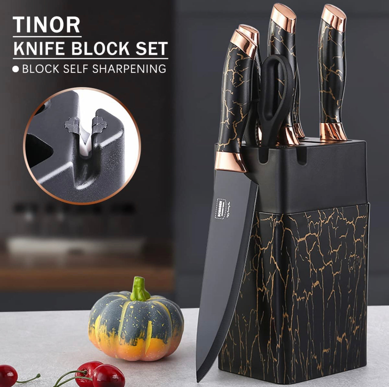 Kitchen Knife Set, 7-Piece Knife Block Set with Block Self Sharpening, High Carbon Stainless Steel Cooking Chef Knife Set Black Nonstick Coating & Ergonomic Handle