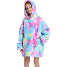 Huggle Kids Multi-Colour Oversized Hoodie Blanket – Sherpa Fleece, One Size, Super Soft & Lightweight