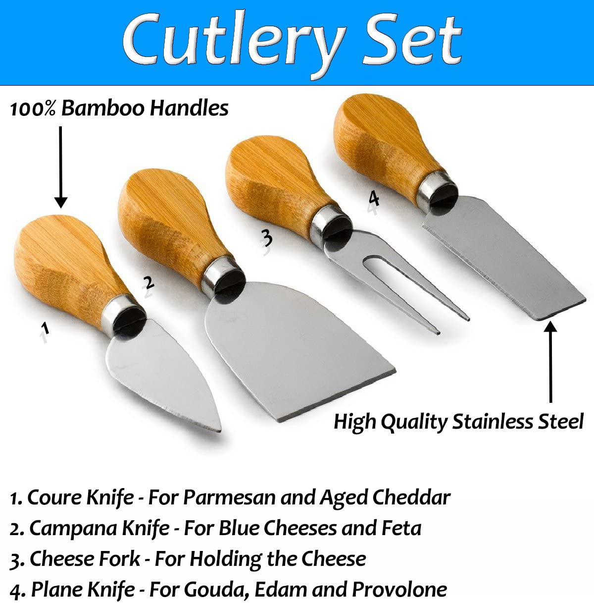 Cheese Board & Cutlery Set Hidden Drawer 4 Stainless-Steel Serving Utensils Cracker Groove Large Square Cutting Plate Natural Organic Bamboo Wood Serving Dish Perfect Wedding Birthday Gift Present