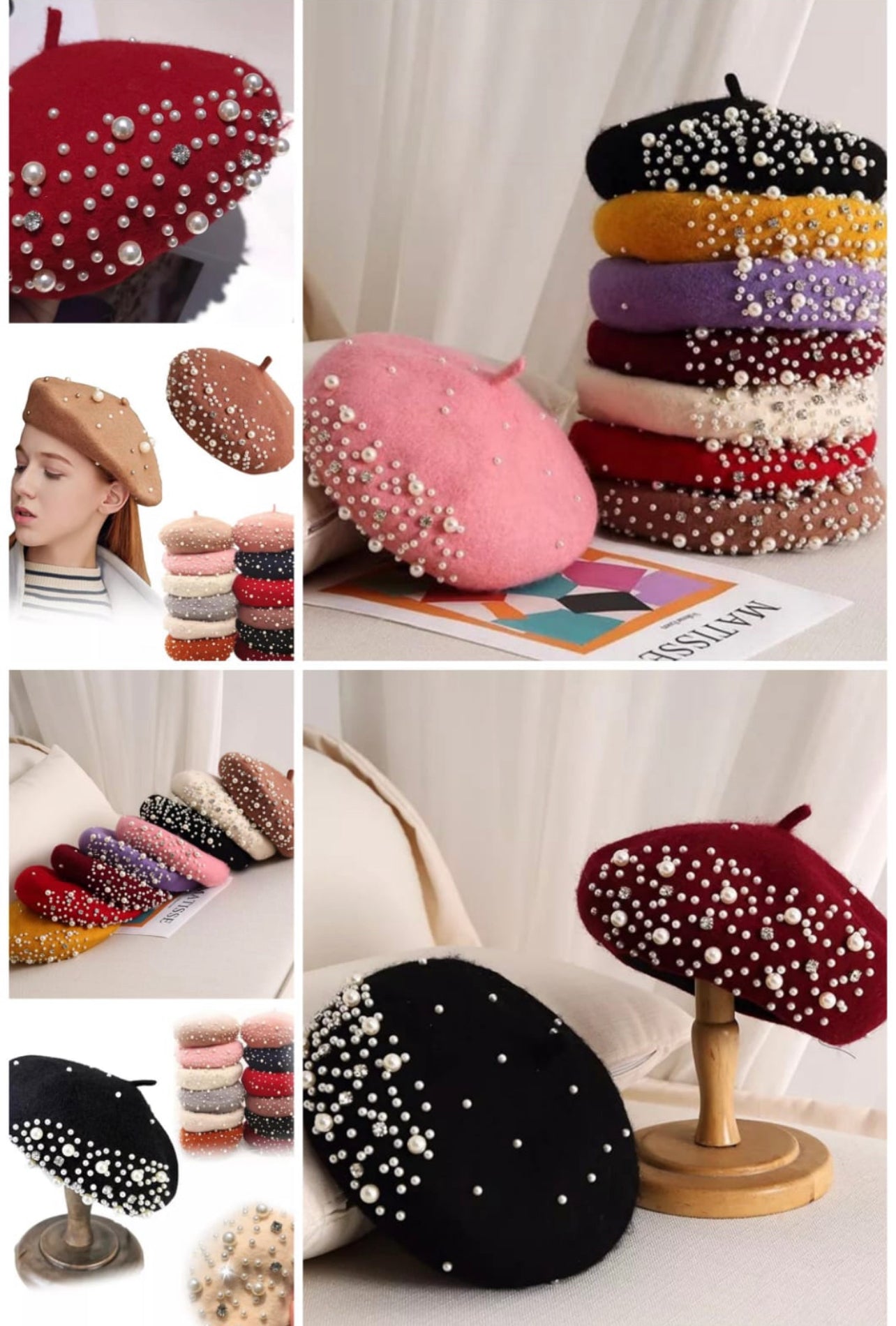 Winter Warm Rhinestone Pearl Beret Beanie Hat Classic French Berets Casual Caps Wool Winter Beanie Caps for Women Girl Hat