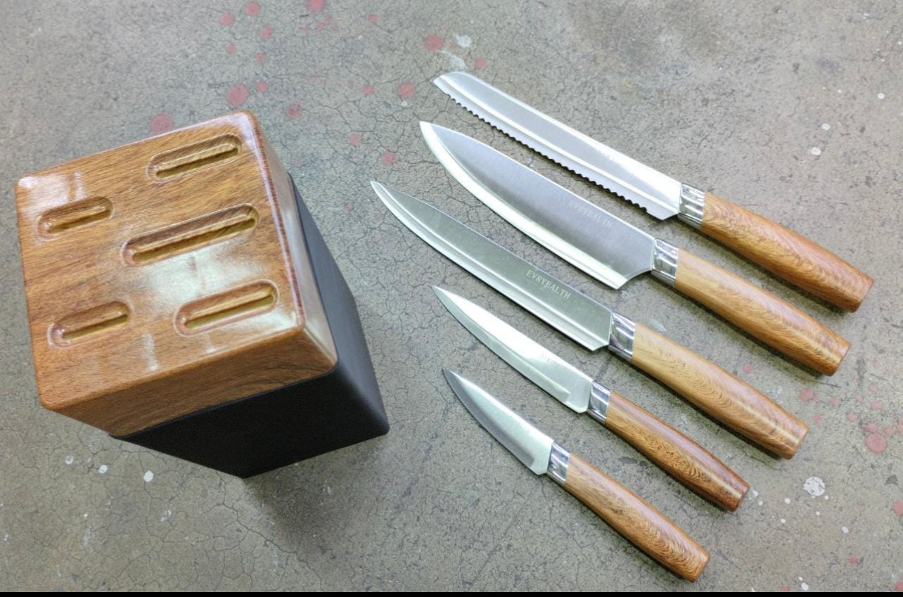 Stainless Steel Kitchen Knife Set Wood Handle 5pc With Wooden Block