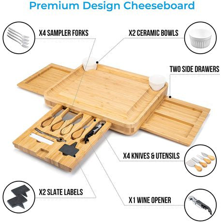 Cheese Board & Cutlery Set Hidden Drawer 4 Stainless-Steel Serving Utensils Cracker Groove Large Square Cutting Plate Natural Organic Bamboo Wood Serving Dish Perfect Wedding Birthday Gift Present